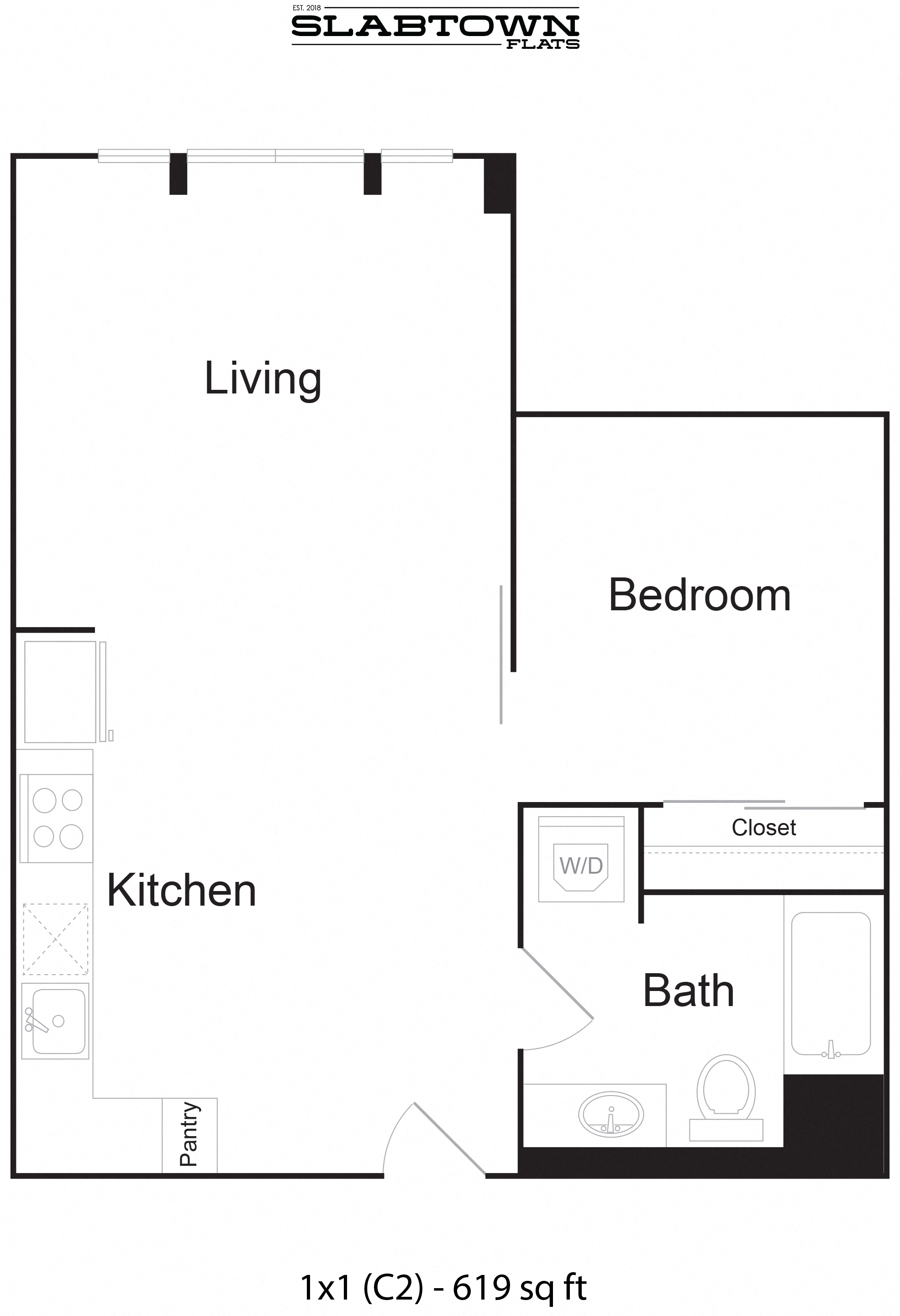 Floor plan for 1 bed, 1 bath, 619 sqft